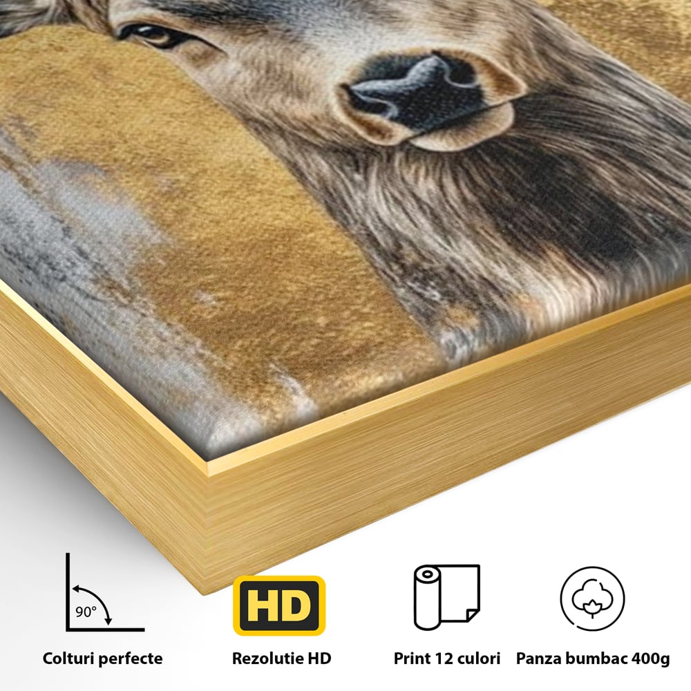 Detaliu al suprafetei: tablou canvas cu cerb si accente aurii, in rama de aluminiu auriu